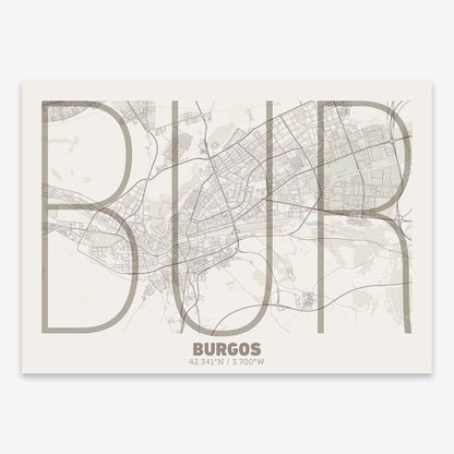 The map of Burgos composed with letters in extra light font printed on light brown and an off-white background