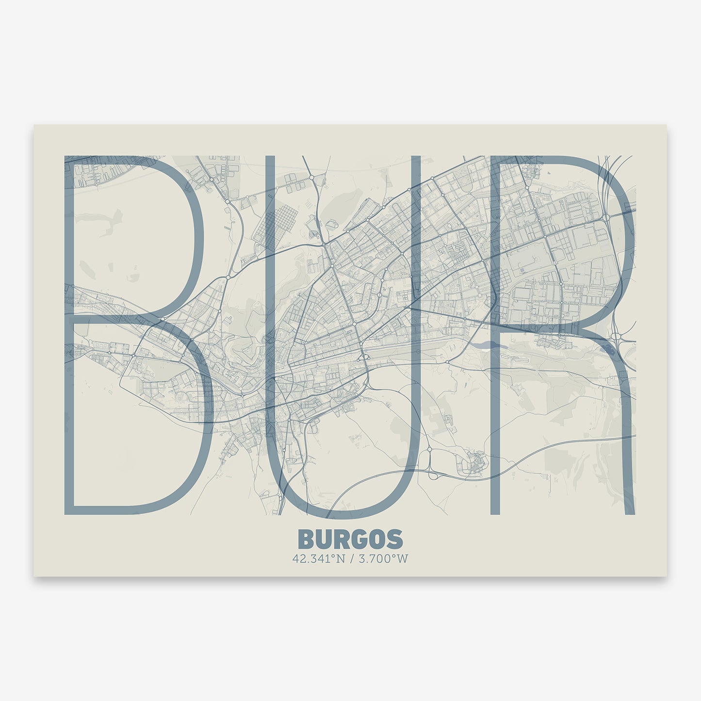 The map of Burgos composed with letters in extra light font printed on bluish gray and an off-white background