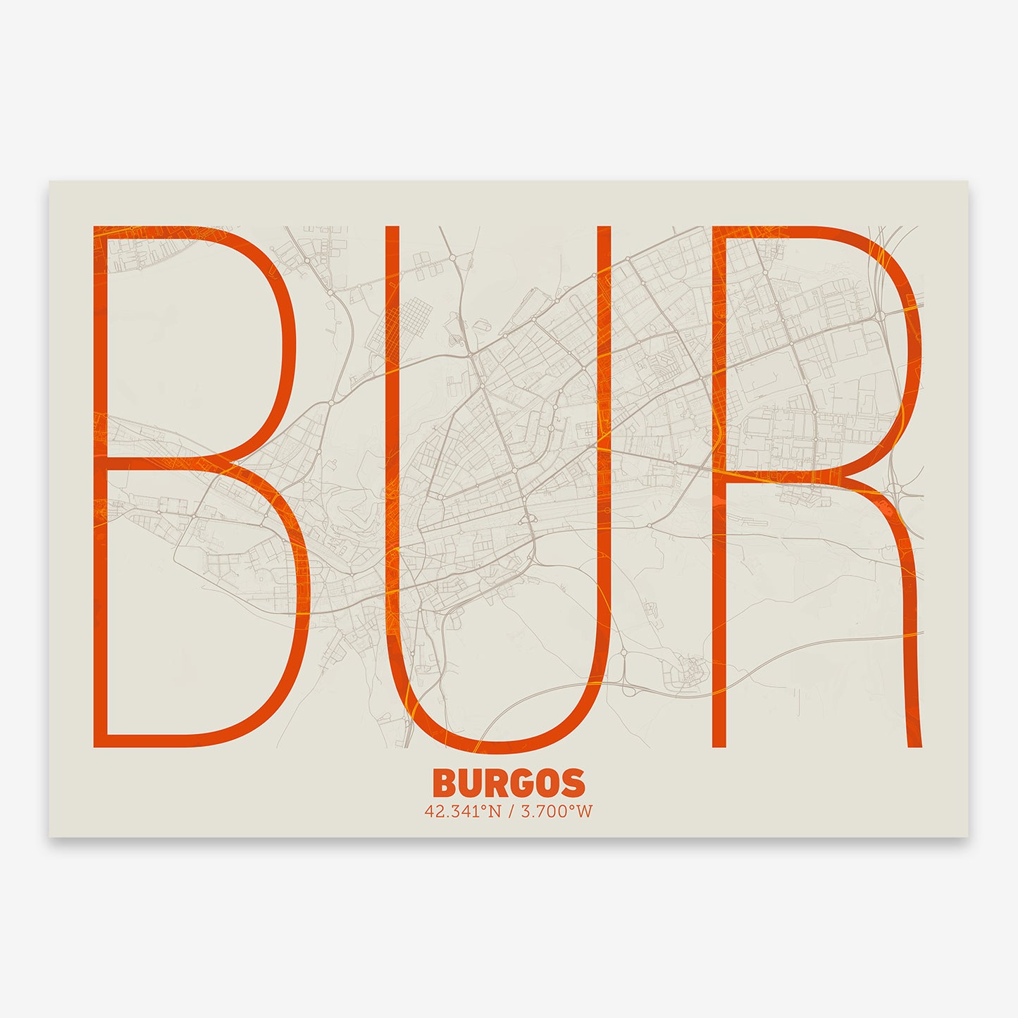 The map of Burgos composed with letters in extra light font printed on orange and an off-white background