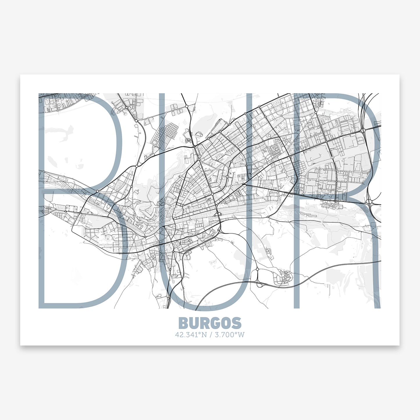 The map of Burgos composed with letters in extra light font printed on black and white