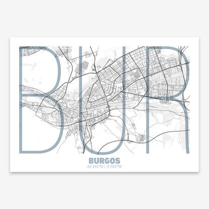 The map of Burgos composed with letters in extra light font printed on black and white