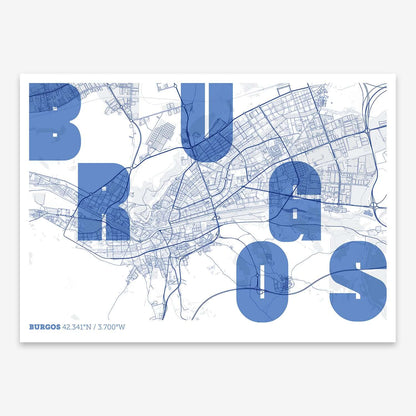 The map of Burgos with letters of its name placed randomly, designed in navy blue and white