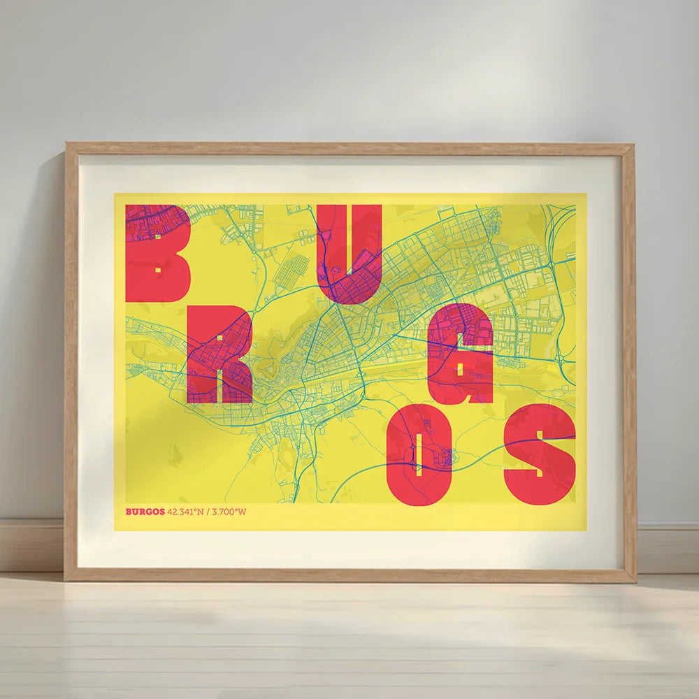Framed Burgos in Unruled design, where the city name letters appear randomly across different lines for a truly original urban layout designed in yellow and fuchsia with a white margin border in a warm lit minimalist setting
