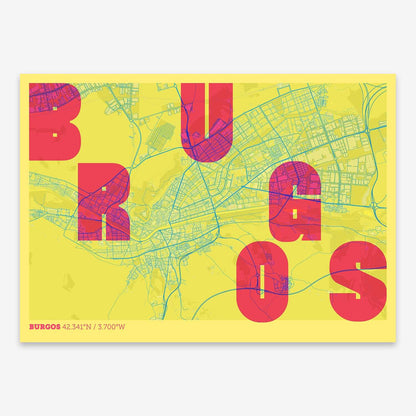 The map of Burgos with letters of its name placed randomly, designed in yellow and fuchsia