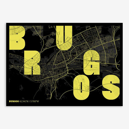 The map of Burgos with letters of its name placed randomly, designed in black and yellow
