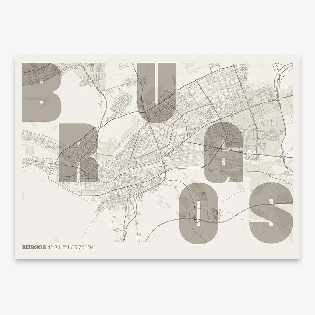 Decorative print of  with letters of its name placed randomly, designed in light brown and an off-white background