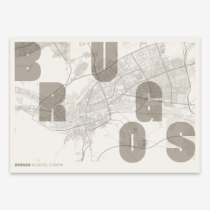 The map of Burgos with letters of its name placed randomly, designed in light brown and an off-white background