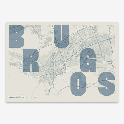 The map of Burgos with letters of its name placed randomly, designed in bluish gray and an off-white background