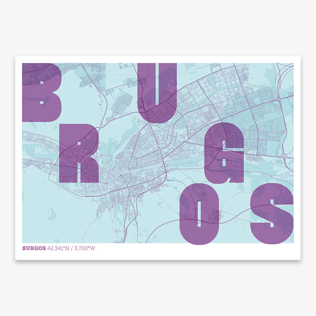 Decorative print of  with letters of its name placed randomly, designed in purple and light blue