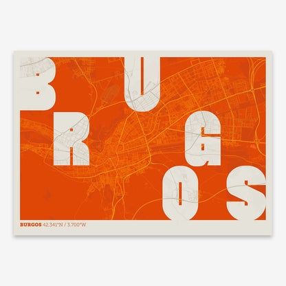 The map of Burgos with letters of its name placed randomly, designed in orange and an off-white background