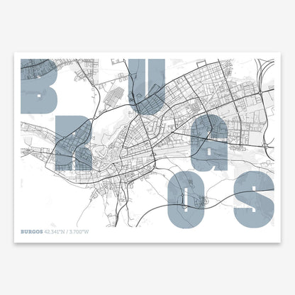 The map of Burgos with letters of its name placed randomly, designed in black and white