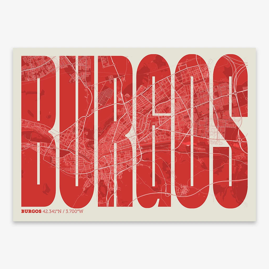 Decorative map of  and letters of its name in a giclée print designed in red and an off-white background