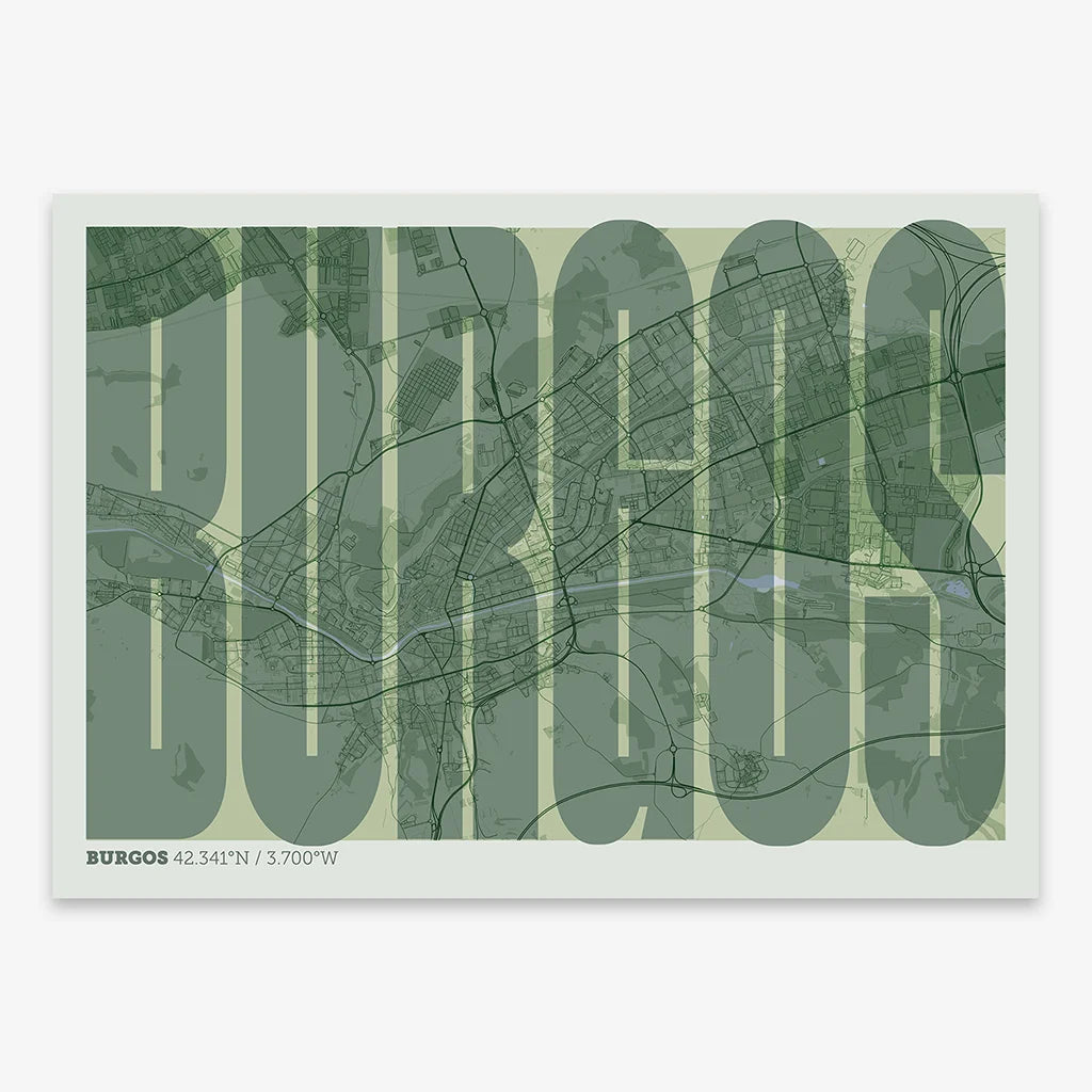 Decorative map of  and letters of its name in a giclée print designed in two green tones