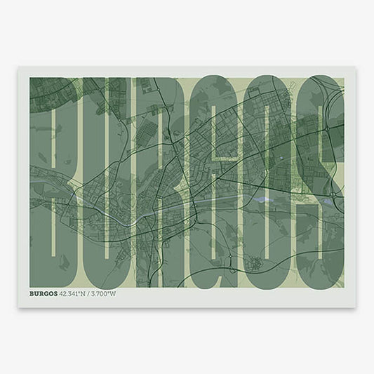 Decorative map of  and letters of its name in a giclée print designed in two green tones