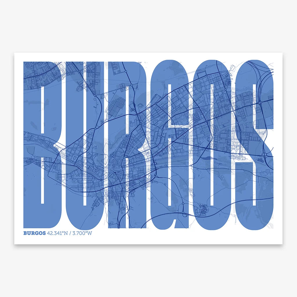 Decorative map of  and letters of its name in a giclée print designed in navy blue and white