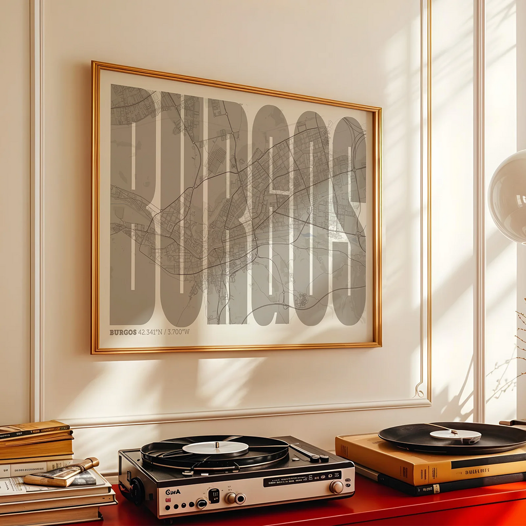 Modern interior design with a Burgos in Extra Compressed design, where the letters are tightly squeezed to fit the city's map shape designed in light brown and an off-white background, displayed on a living room wall