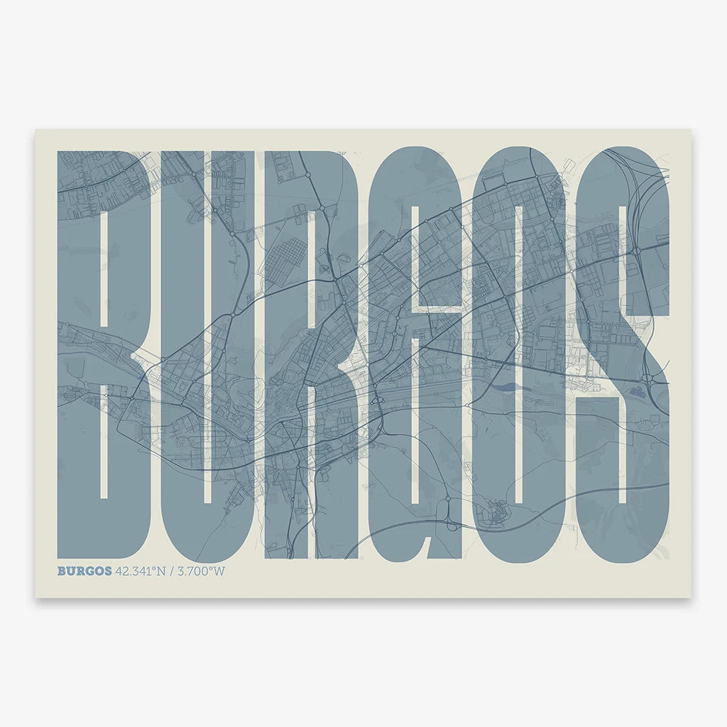 Decorative map of  and letters of its name in a giclée print designed in bluish gray and an off-white background