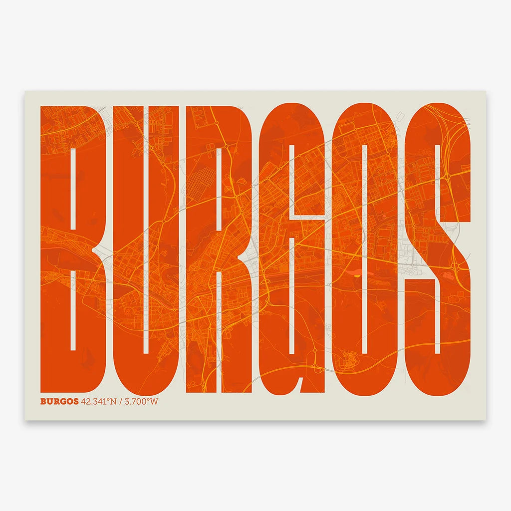 Decorative map of  and letters of its name in a giclée print designed in orange and an off-white background