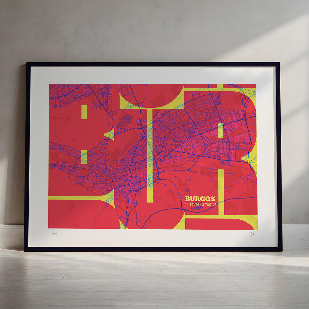 Láminas mapa de Burgos enmarcadas en negro y madera natural