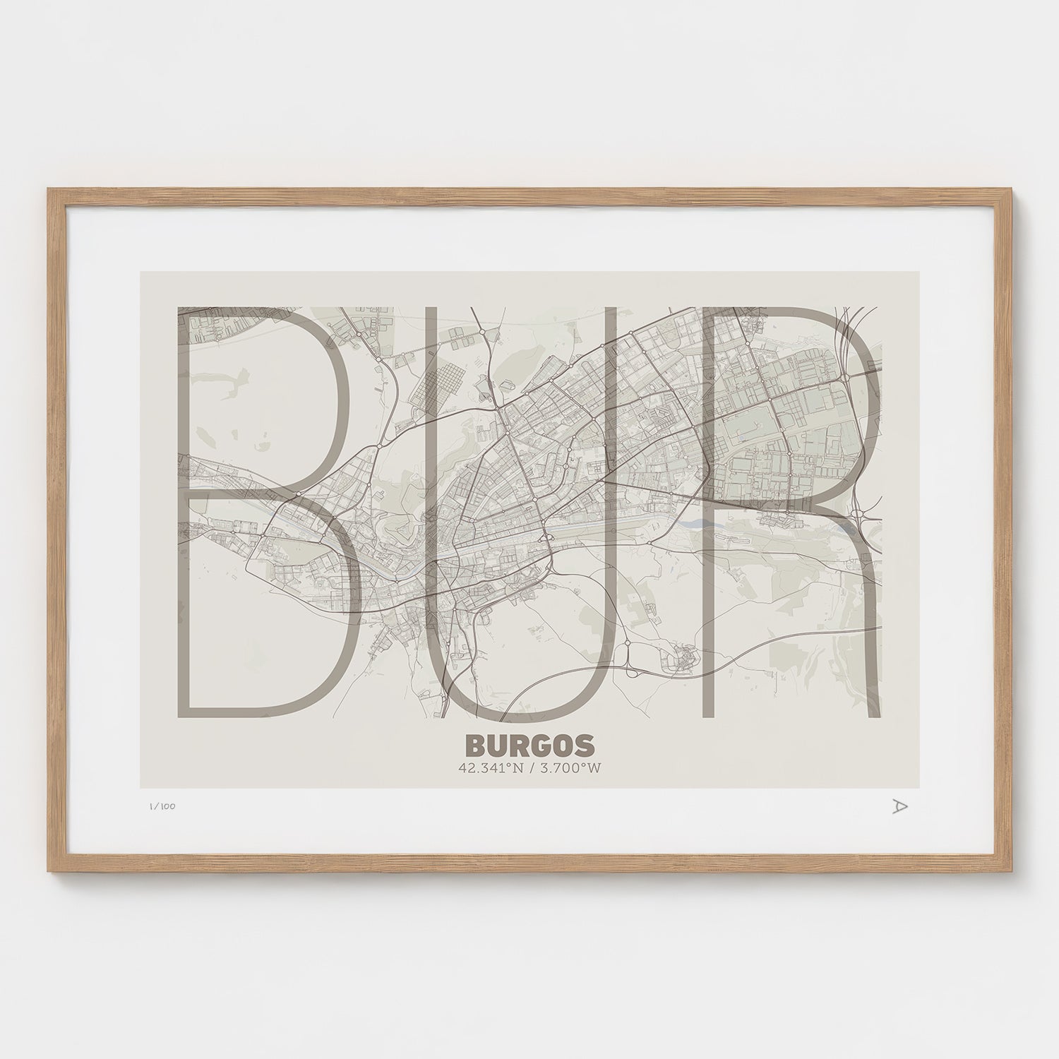 Lámina tipográfica de Burgos – diseño Ultrafina, marco de madera natural