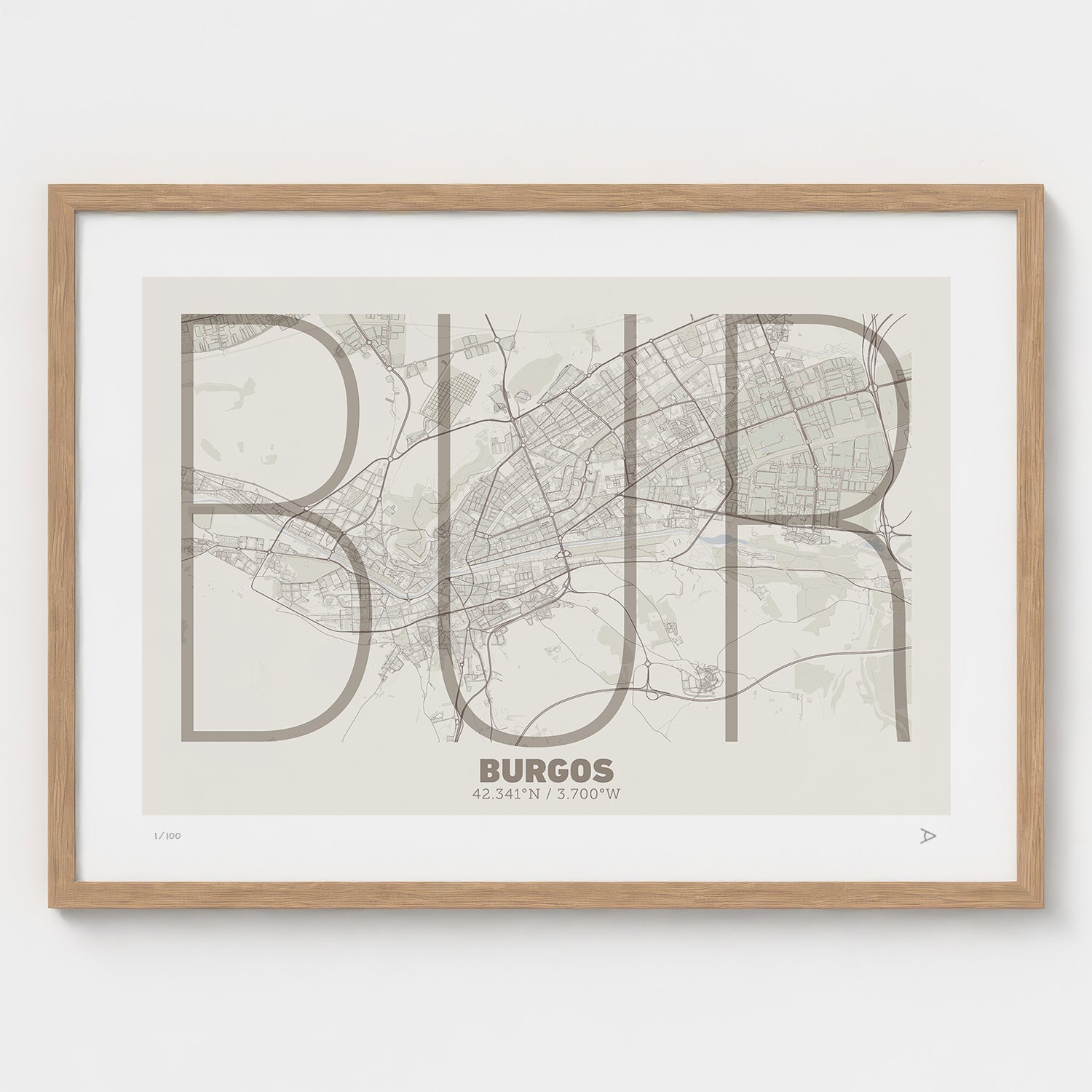 Lámina tipográfica de Burgos – diseño Ultrafina, marco de madera natural