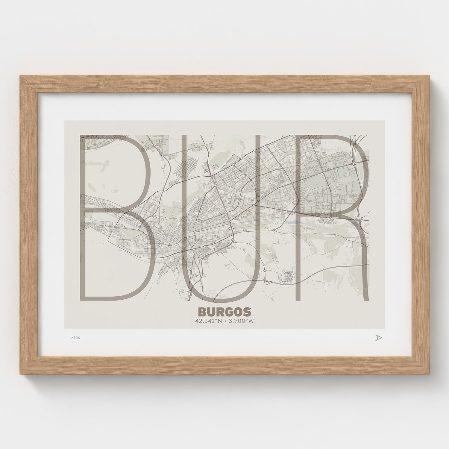 Lámina tipográfica de Burgos – diseño Ultrafina, marco de madera natural
