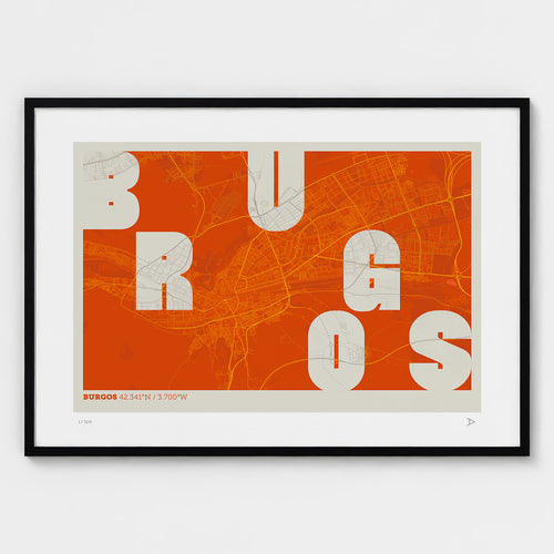 Lámina tipográfica de Burgos – diseño Revoltosa, marco negro
