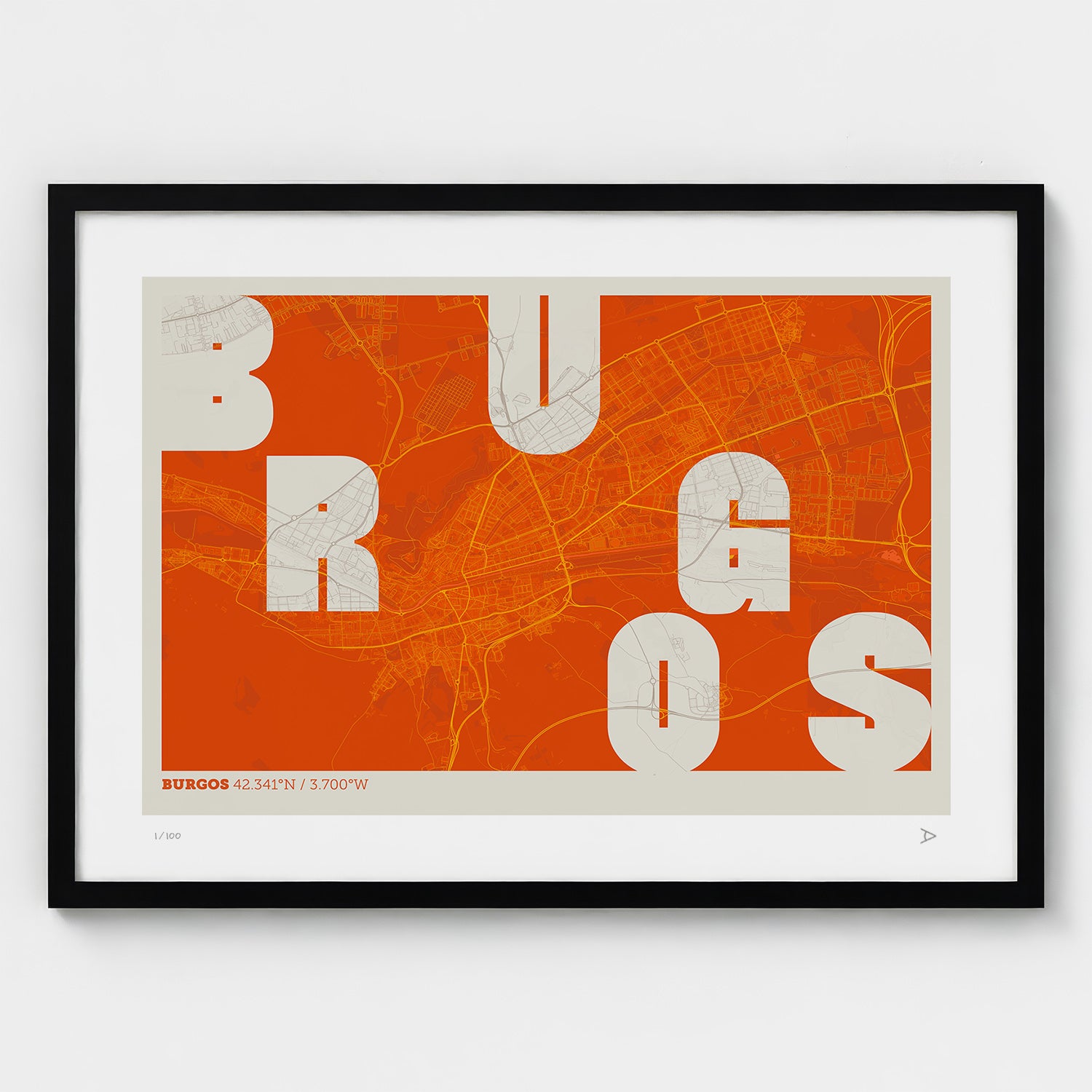 Lámina tipográfica de Burgos – diseño Revoltosa, marco negro