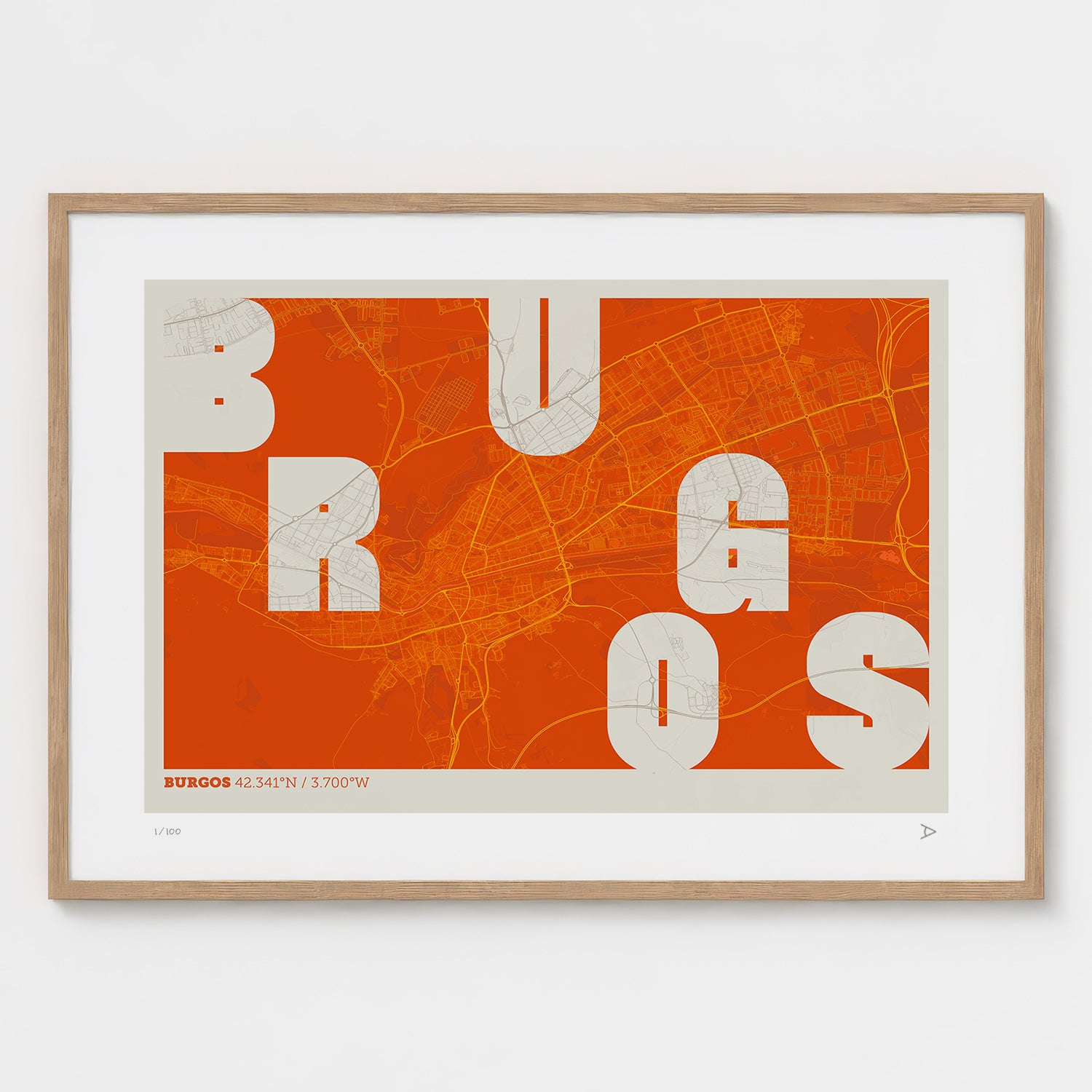 Lámina tipográfica de Burgos – diseño Revoltosa, marco de madera natural