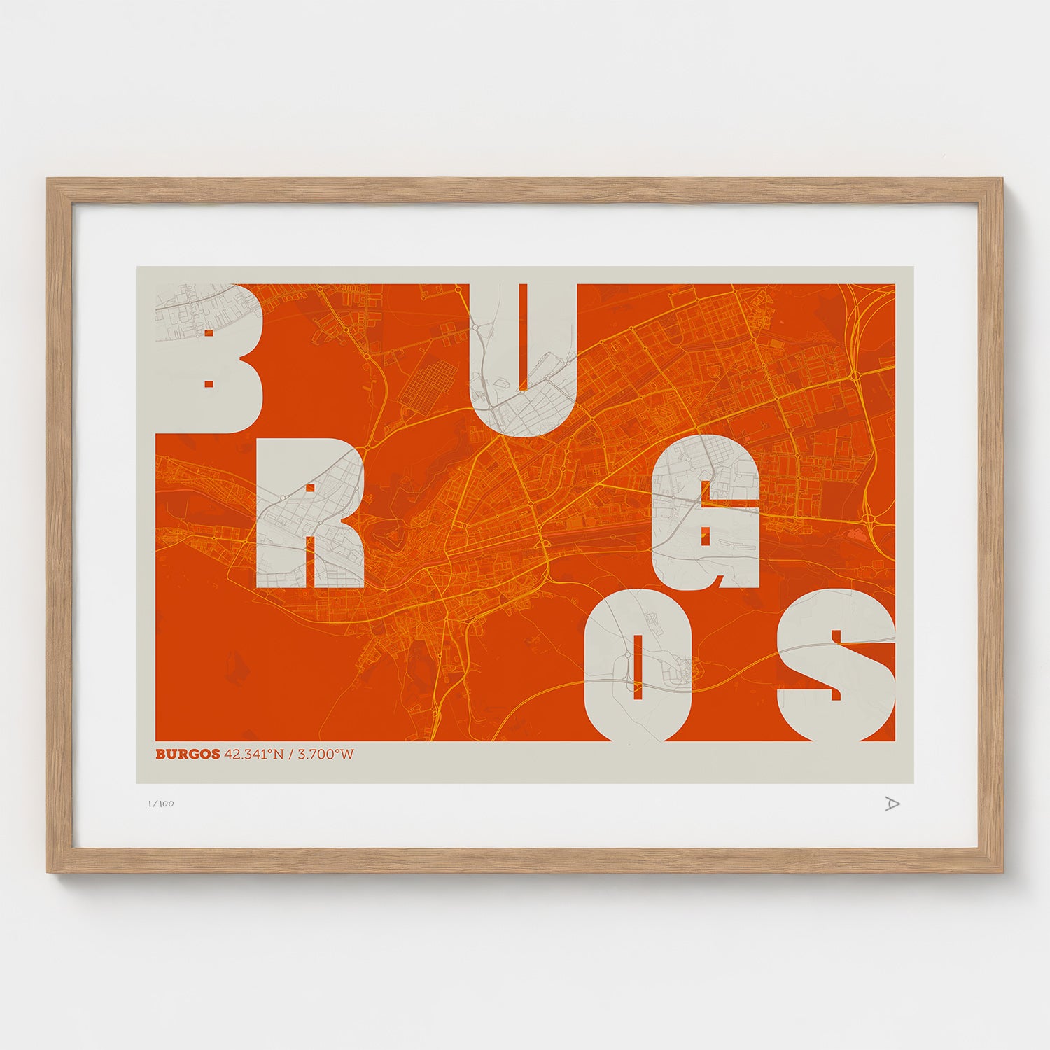 Lámina tipográfica de Burgos – diseño Revoltosa, marco de madera natural