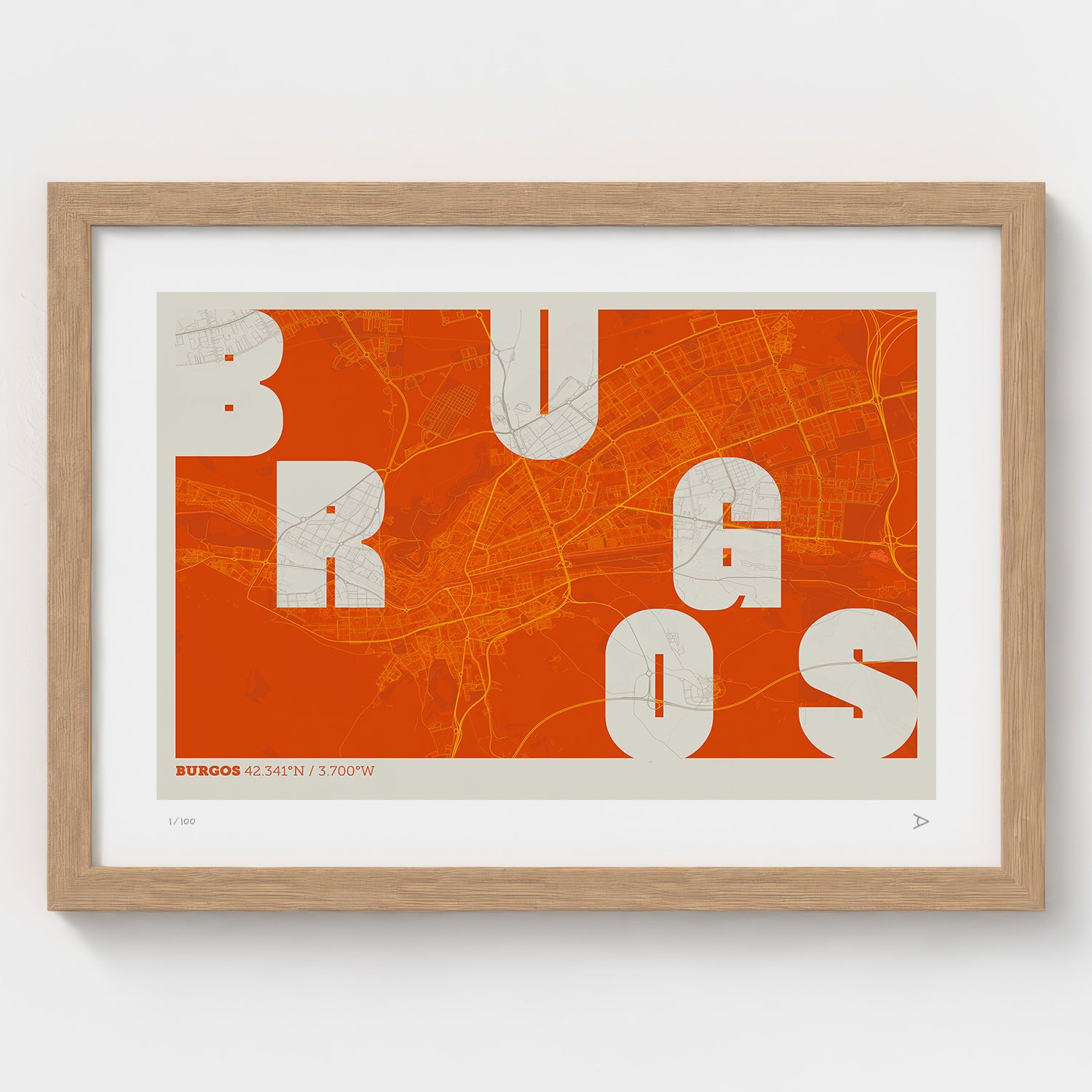 Lámina tipográfica de Burgos – diseño Revoltosa, marco de madera natural