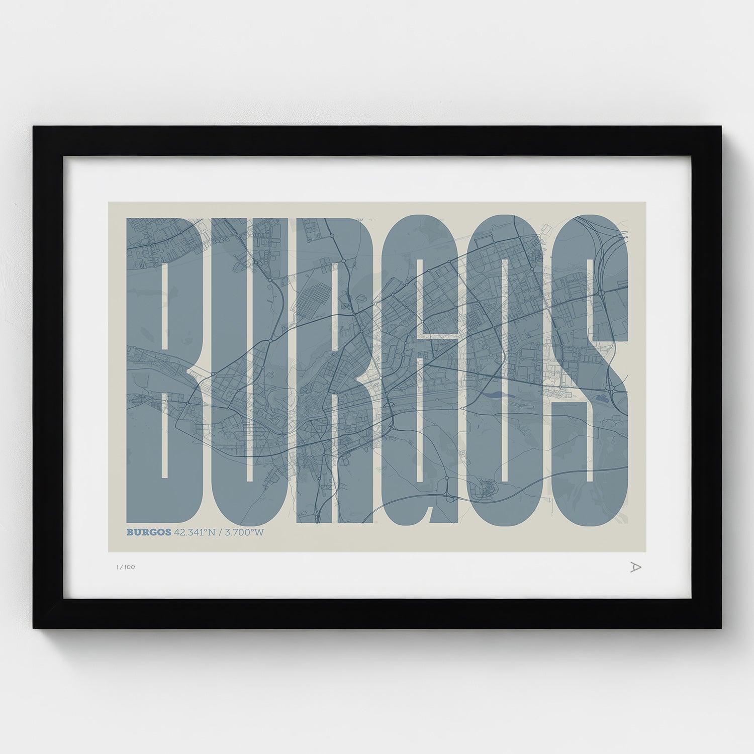 Lámina tipográfica de Burgos – diseño Extra Comprimida, marco negro