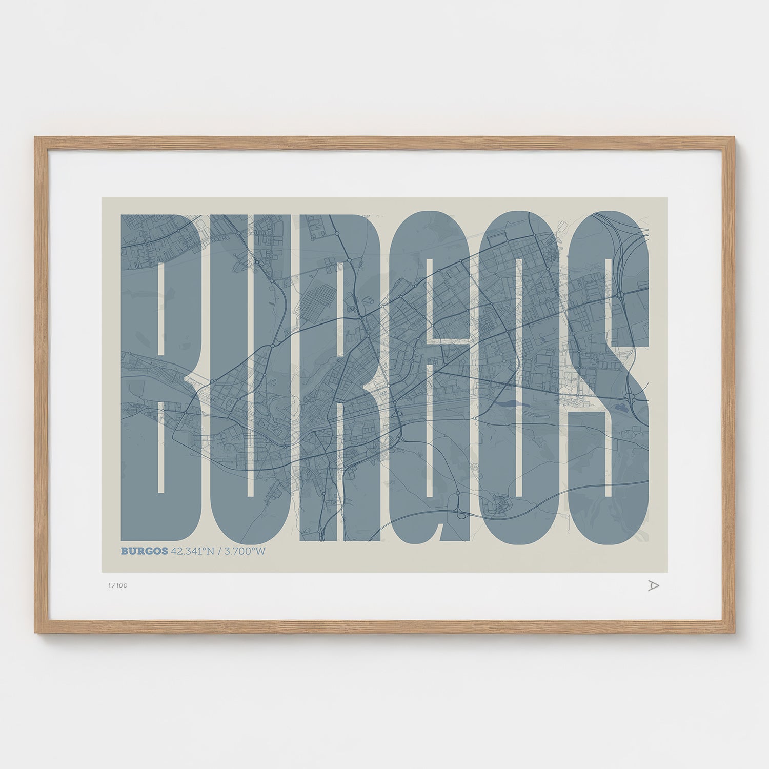 Lámina tipográfica de Burgos – diseño Extra Comprimida, marco de madera natural