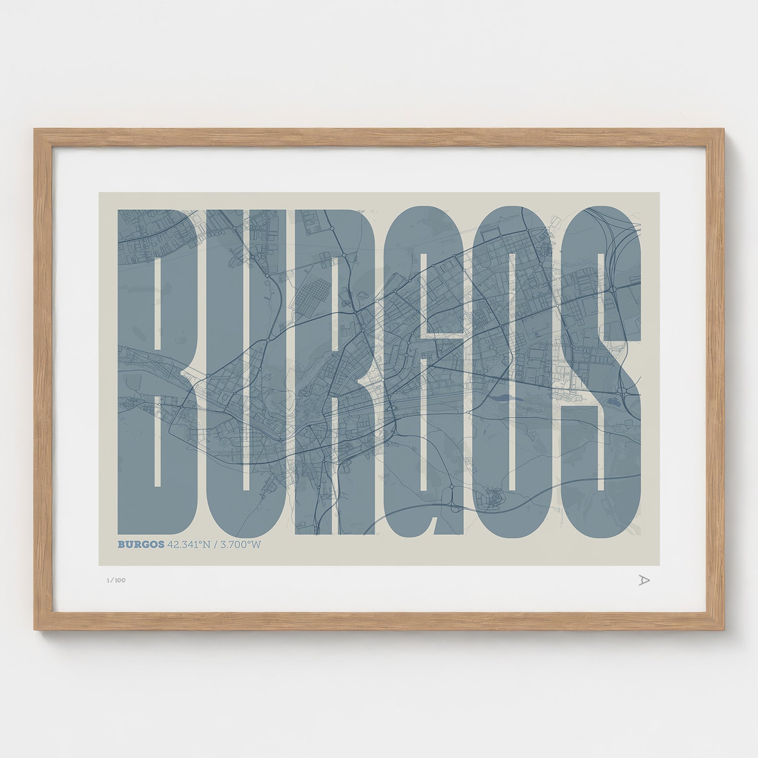Lámina tipográfica de Burgos – diseño Extra Comprimida, marco de madera natural