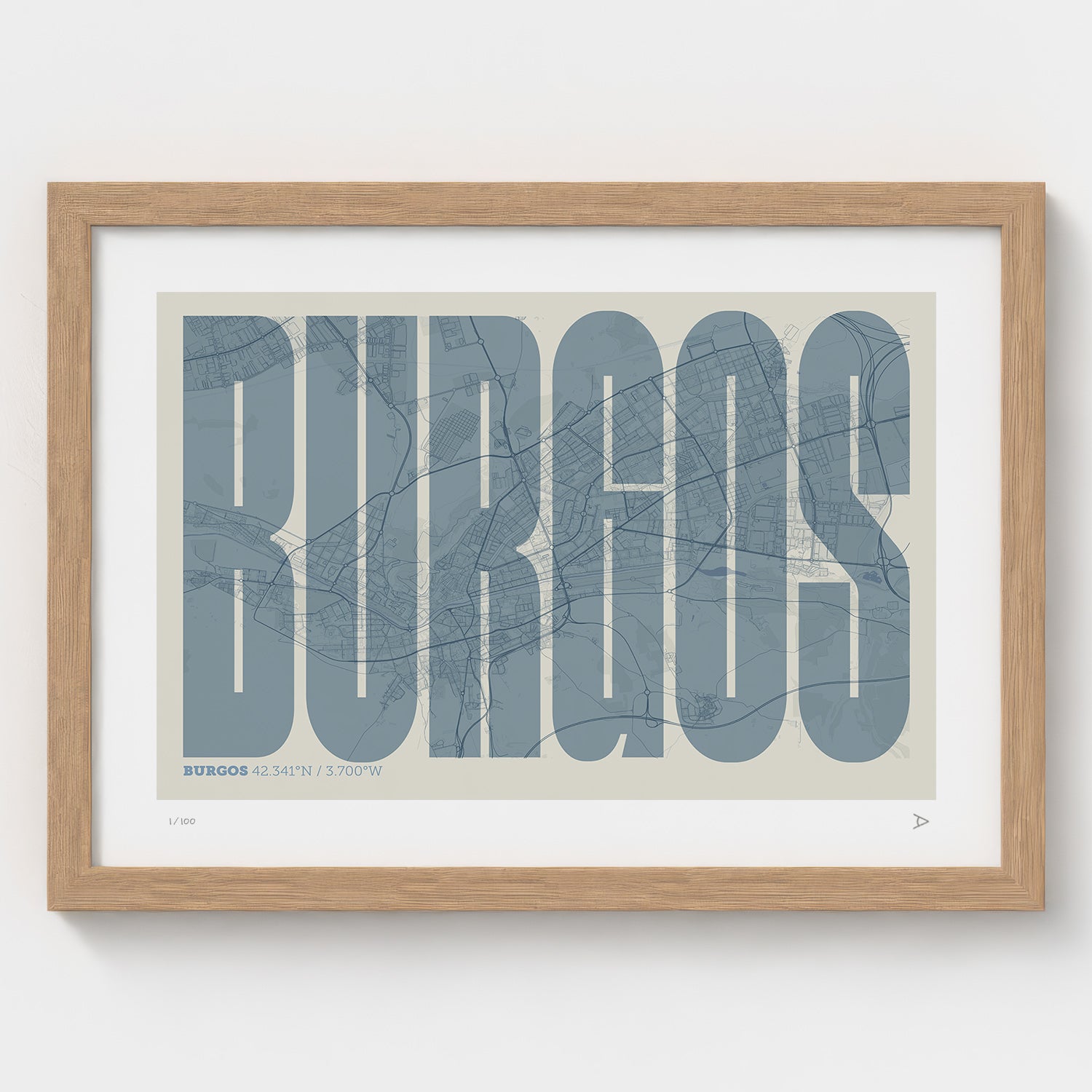 Lámina tipográfica de Burgos – diseño Extra Comprimida, marco de madera natural