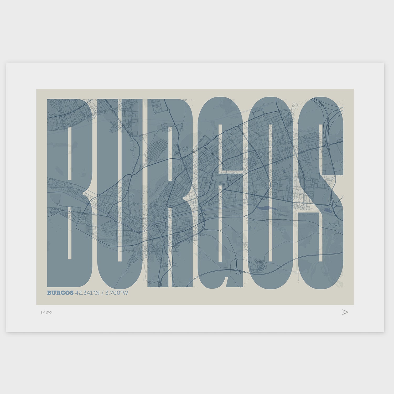 Lámina tipográfica de Burgos – diseño Extra Comprimida, sin marco sobre papel