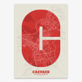 The map of Caceres in Super Bold design, a typographic poster where the city map is overlaid with extra-thick lettering for a modern, high-impact look designed in red and an off-white background