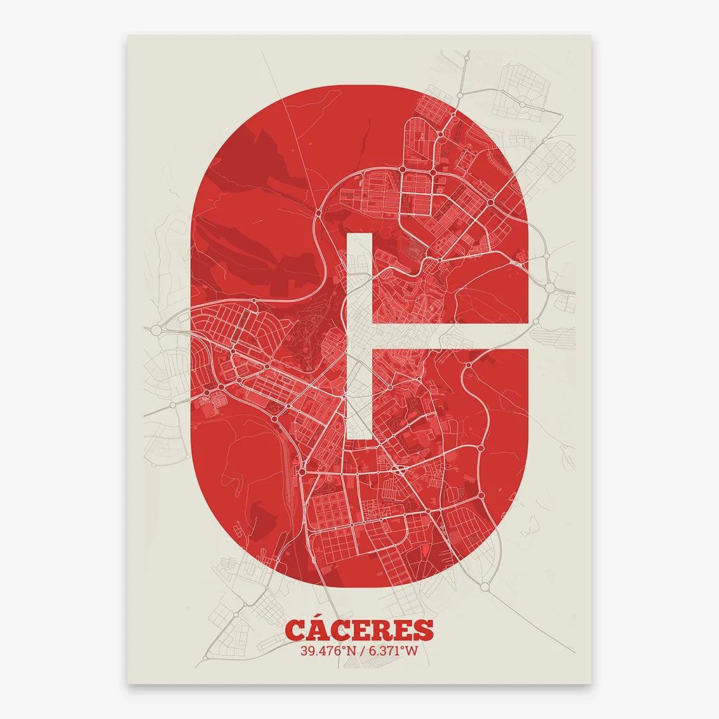 Decorative print of Caceres composed with letters in a heavy geometric font printed on red and an off-white background