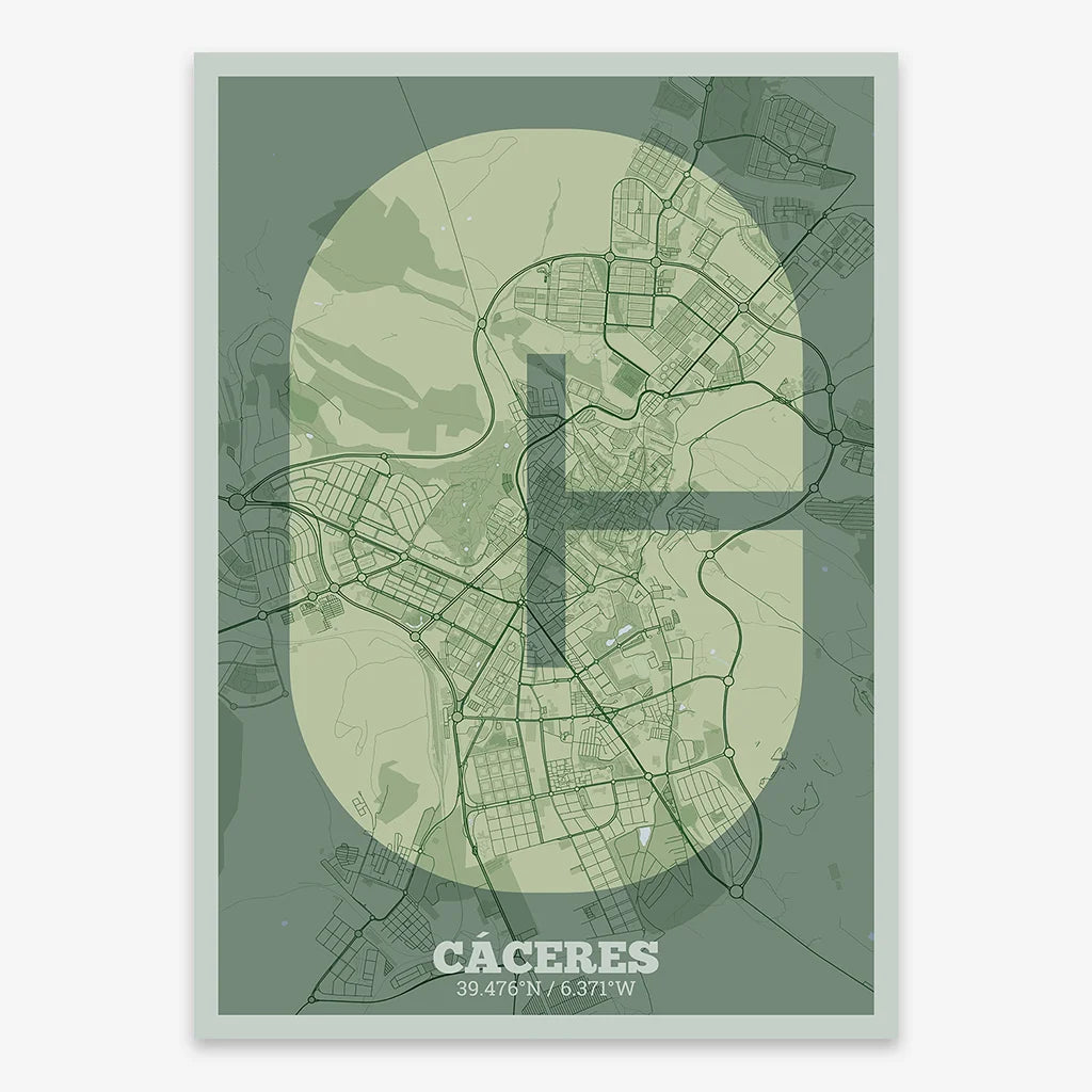 Decorative print of Caceres composed with letters in a heavy geometric font printed on two green tones
