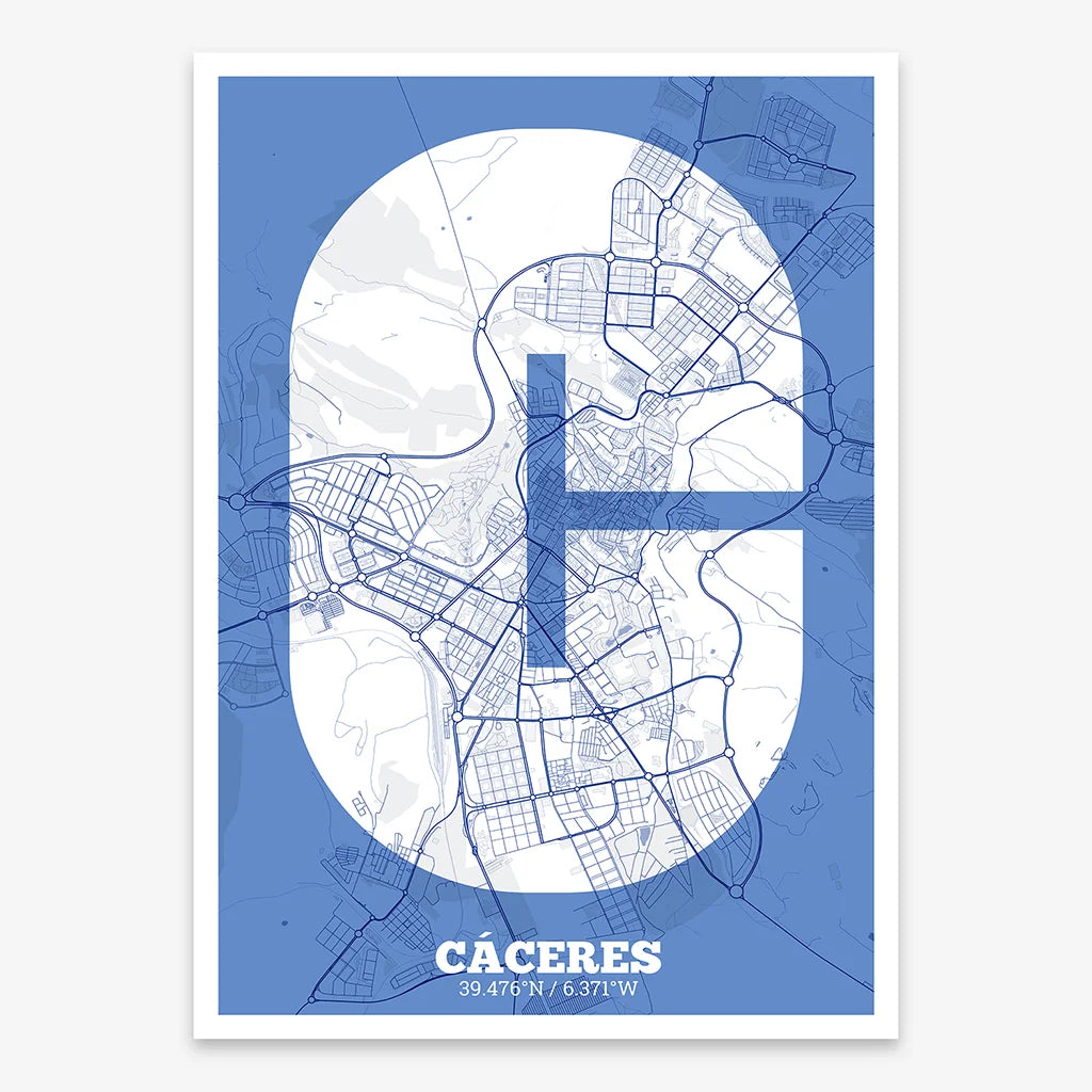 Decorative print of Caceres composed with letters in a heavy geometric font printed on navy blue and white