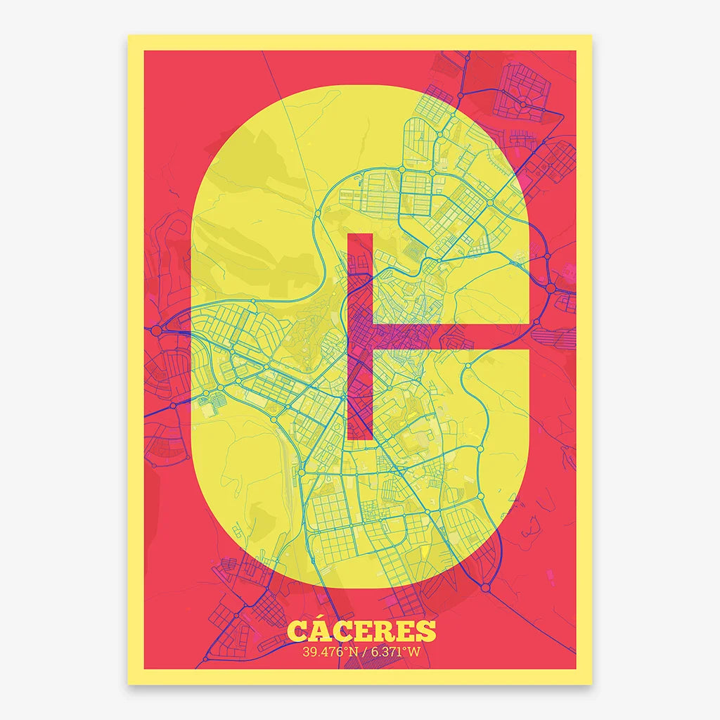Decorative print of Caceres composed with letters in a heavy geometric font printed on yellow and fuchsia