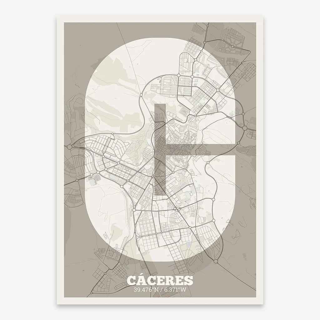 Decorative print of Caceres composed with letters in a heavy geometric font printed on light brown and an off-white background