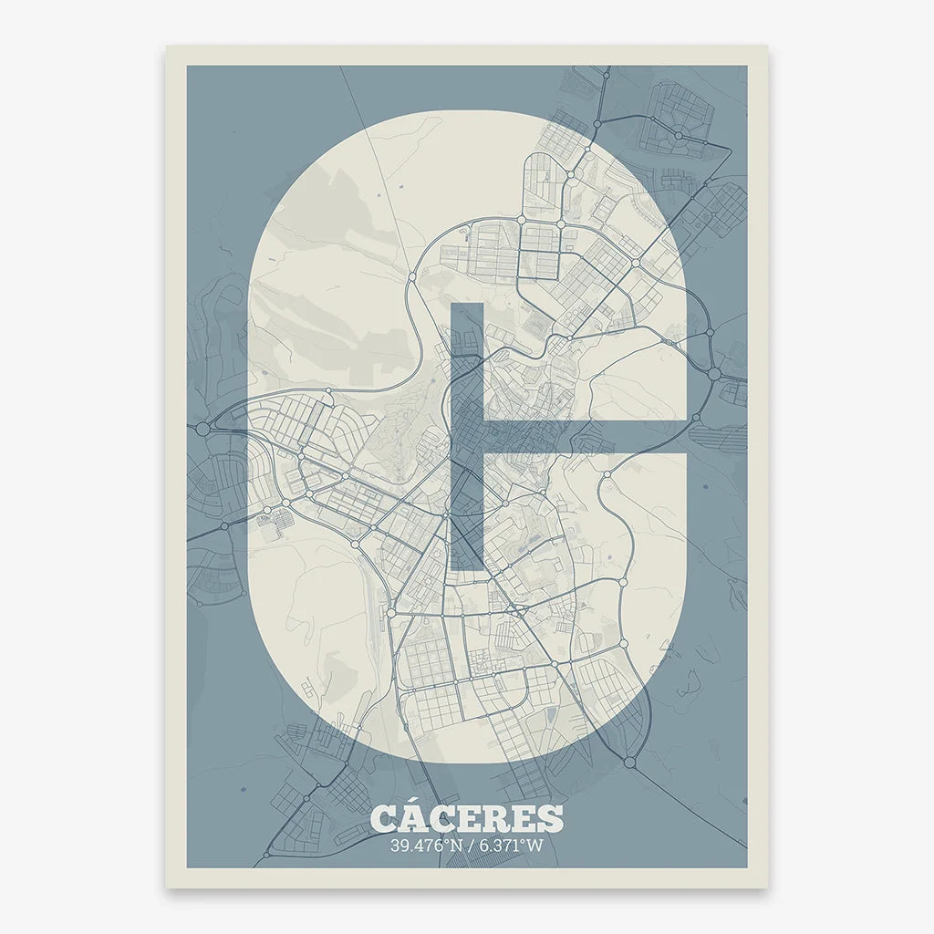 Decorative print of Caceres composed with letters in a heavy geometric font printed on bluish gray and an off-white background