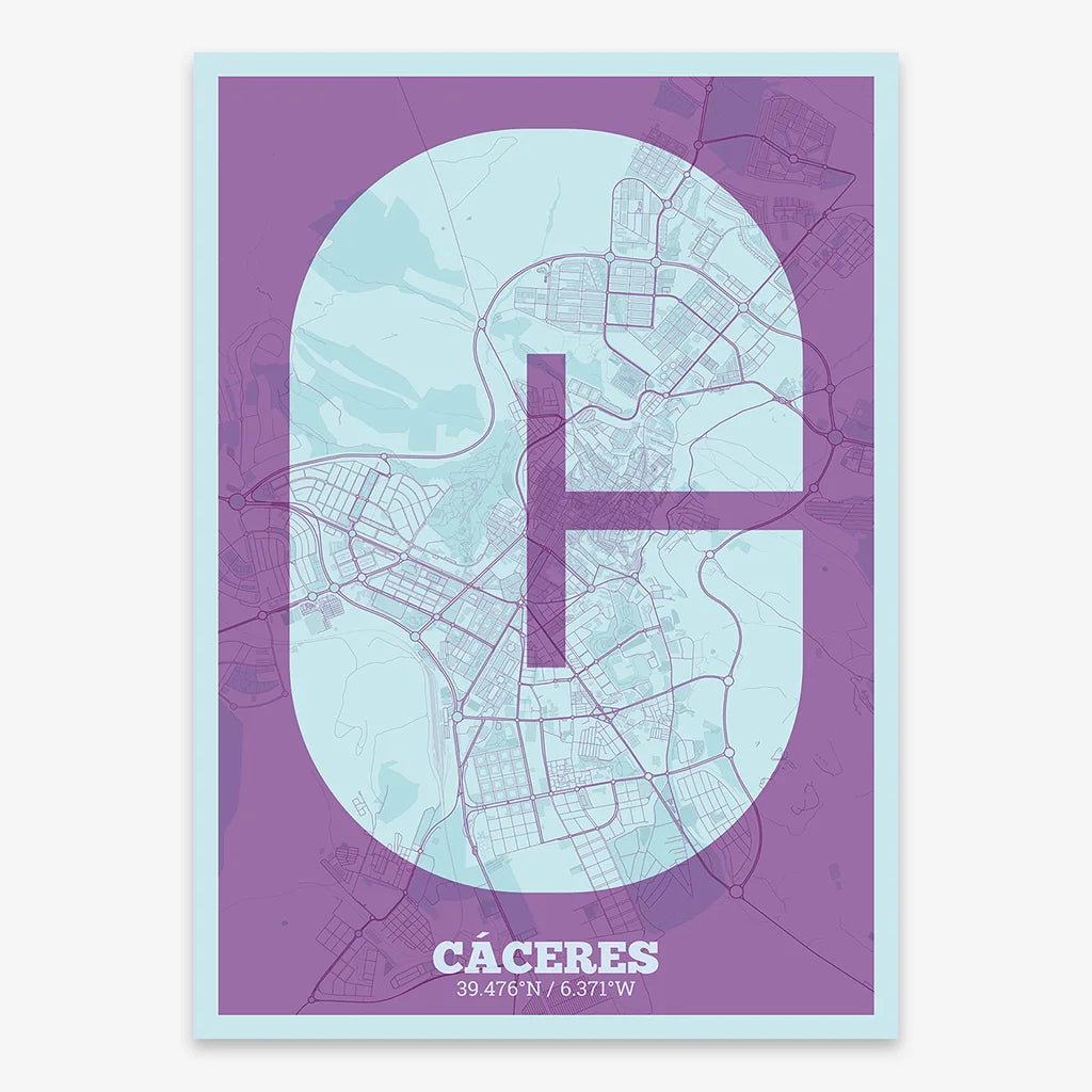 Decorative print of Caceres composed with letters in a heavy geometric font printed on purple and light blue