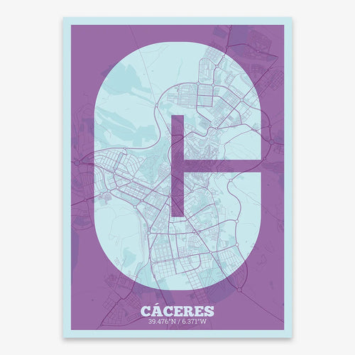 Mapa de Cáceres en mi diseño la Súper Bold, un póster tipográfico donde el mapa de la ciudad se fusiona con una tipografía extra gruesa para un impacto visual moderno diseñado en púrpura y azul claro