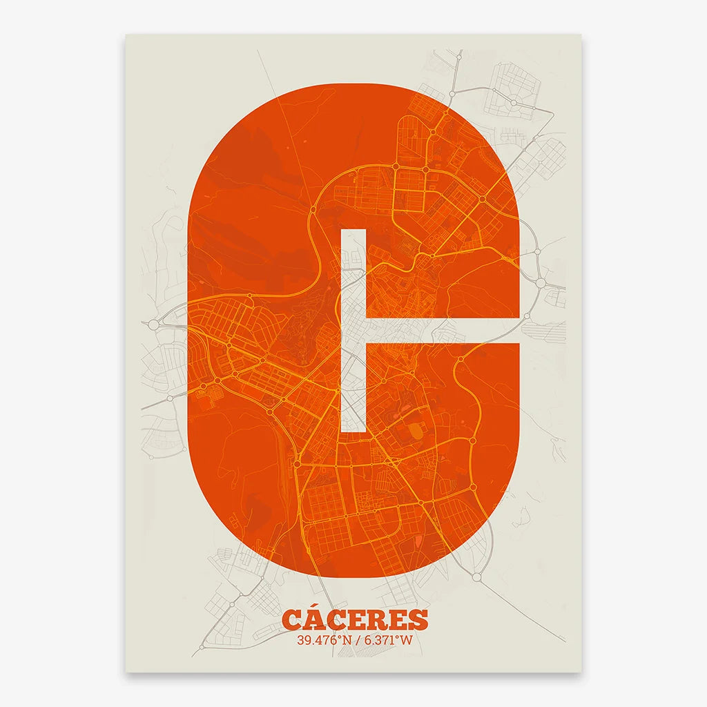 Decorative print of Caceres composed with letters in a heavy geometric font printed on orange and an off-white background