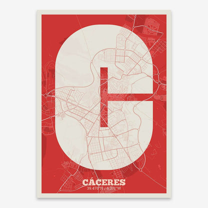 The map of Caceres composed with letters in a heavy geometric font printed on red and an off-white background