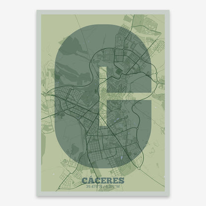 The map of Caceres composed with letters in a heavy geometric font printed on two green tones