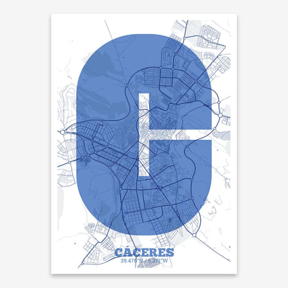 The map of Caceres composed with letters in a heavy geometric font printed on navy blue and white