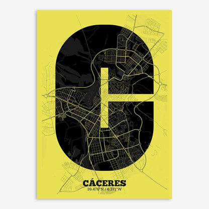 The map of Caceres composed with letters in a heavy geometric font printed on black and yellow